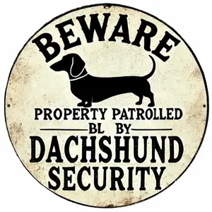 1pc 8in Dachshund Security Patrol Sign - Durable Iron, Suitable For Outdoor Cafe And Bar, Dachshund, Traffic, Perfect Room Decor, Round Metal Sign, Vintage Decor Outdoor Decor Wall Art Room Decor Bedroom Wedding Decor Boho Hom Decoration Print
