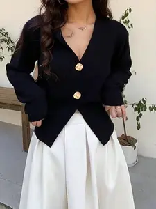 Women's V Neck Knit Cardigan with Buttons, Asymmetrical Hem, Slim Fit Long Sleeve Sweater, Casual Plain Pullover, Chic Knitwear