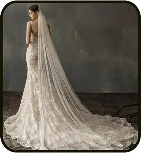 Ursumy Pearl Wedding Veils Flower Cathedral Bridal Veil 118’’ Veils for Brides 1 Tier Fingertip Length Drop Veil Hair Comb