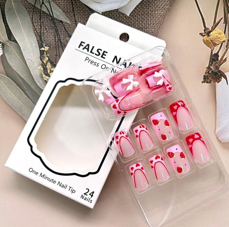Strawberry Press On Nails: Short Square Pink Heart Bow Tie Design. Artificial Coffee Nails, Full Cover, Reusable Glue On, Valentine's French Style for Women
