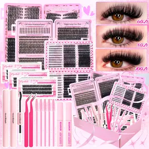 17 Counts Eyelash Extensions, Eyelash Set, Upper/Lower Eyelash, Clusters Lashes, Fluffy DIY Lash Extension with 2 Glue, 2 Tweezers, 5 Brushes, 2 Removers, D Curl Individual Lashes Extensions, Soft Reusable Cluster Lash Extension