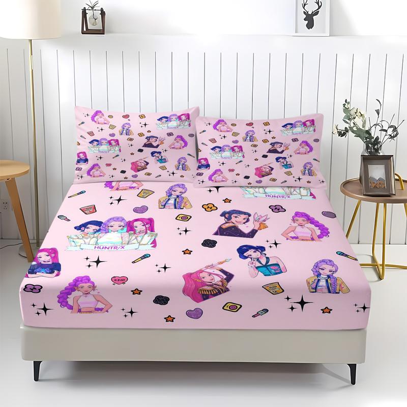K Pop Demon Hunters Soft Breathable Fitted Sheet Set, bed sheets set, 3 Counts/set including 1 Fitted Sheet & 2 Pillowcases, Cute Idol Themed Decor for Bedrooms and Gifts