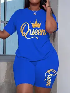 Plus Size - A Two-Piece Outfit for Women Featuring Short Sleeves And Shorts, Adorned with The Letters of 'Queen' And a Crown Design
