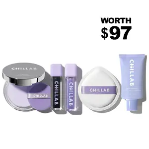 Chillab 5-piece Face and Lip Beauty Set Lavender Matte Powder with Magic Black and Lilac Plumping Lip Oils Matte Primer Gel and Max Cloudy Puff