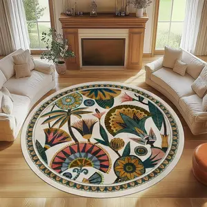Vintage Boho Round Carpet, Plant Floral Tropical Jungle Mat, Modern Home Decor Soft Plush Rug, Hand Wash Only, Suitable for Living Room Bedroom, Boho Area Rug
