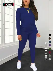 Women's Solid Fitted Long Sleeve Tee & Elastic Waist Pants Set, Casual Round Neck Top & Trousers for Spring & Fall, Women's Clothing for Daily Wear, Womenswear