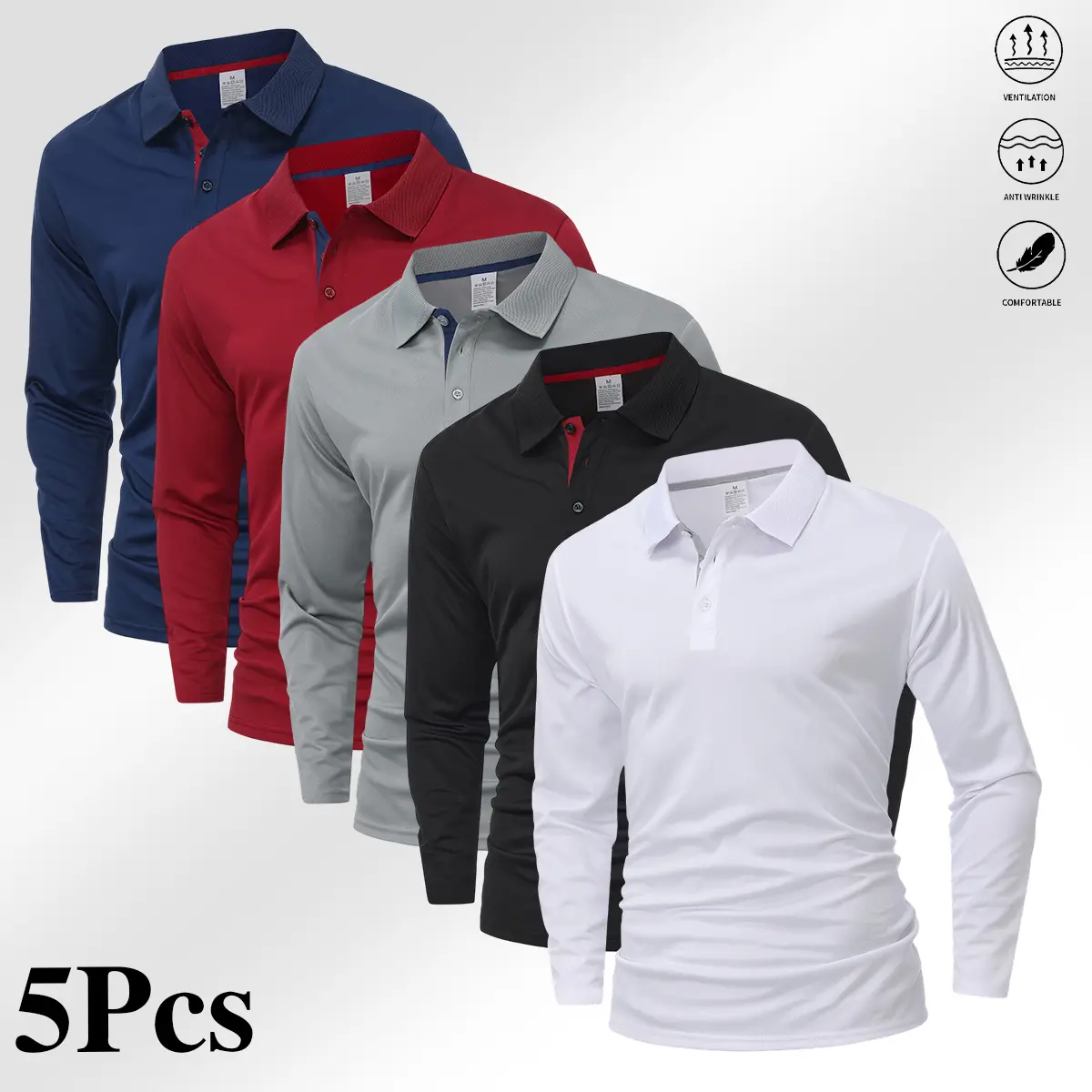 Men’s casual 5-piece set featuring polo tops, suitable for golf, tennis, and badminton; long sleeves; comfortable casual apparel.2026 new Polo shirt style—essential for spring and autumn; a Father’s Day gift; summer vibe.