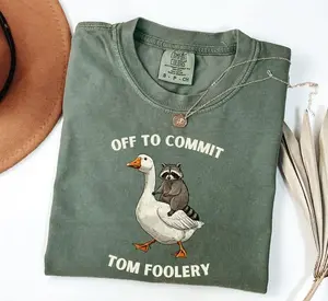 Comfort Colors Off To Commit Tom Foolery T-Shirt, Funny Goose & Raccoon Graphic Tee, Vintage Cottagecore Animal Humor Shirt, Relaxed Fit Soft Ring-Spun Cotton, Retro Washed Comfort Colors Vibe - Eli Deal Power