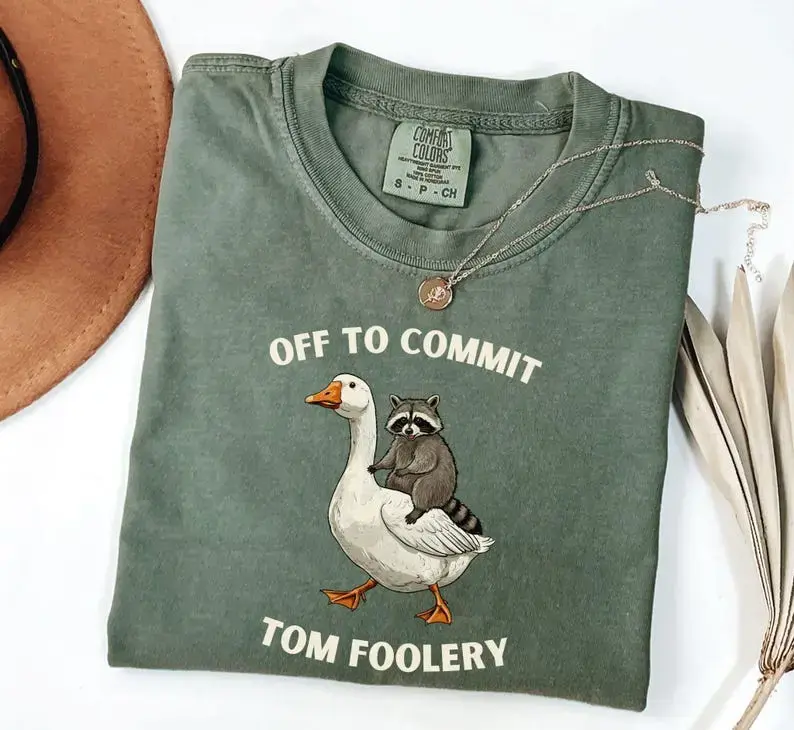 Comfort Colors Off To Commit Tom Foolery T-Shirt, Funny Goose & Raccoon Graphic Tee, Vintage Cottagecore Animal Humor Shirt, Relaxed Fit Soft Ring-Spun Cotton, Retro Washed Comfort Colors Vibe - Eli Deal Power