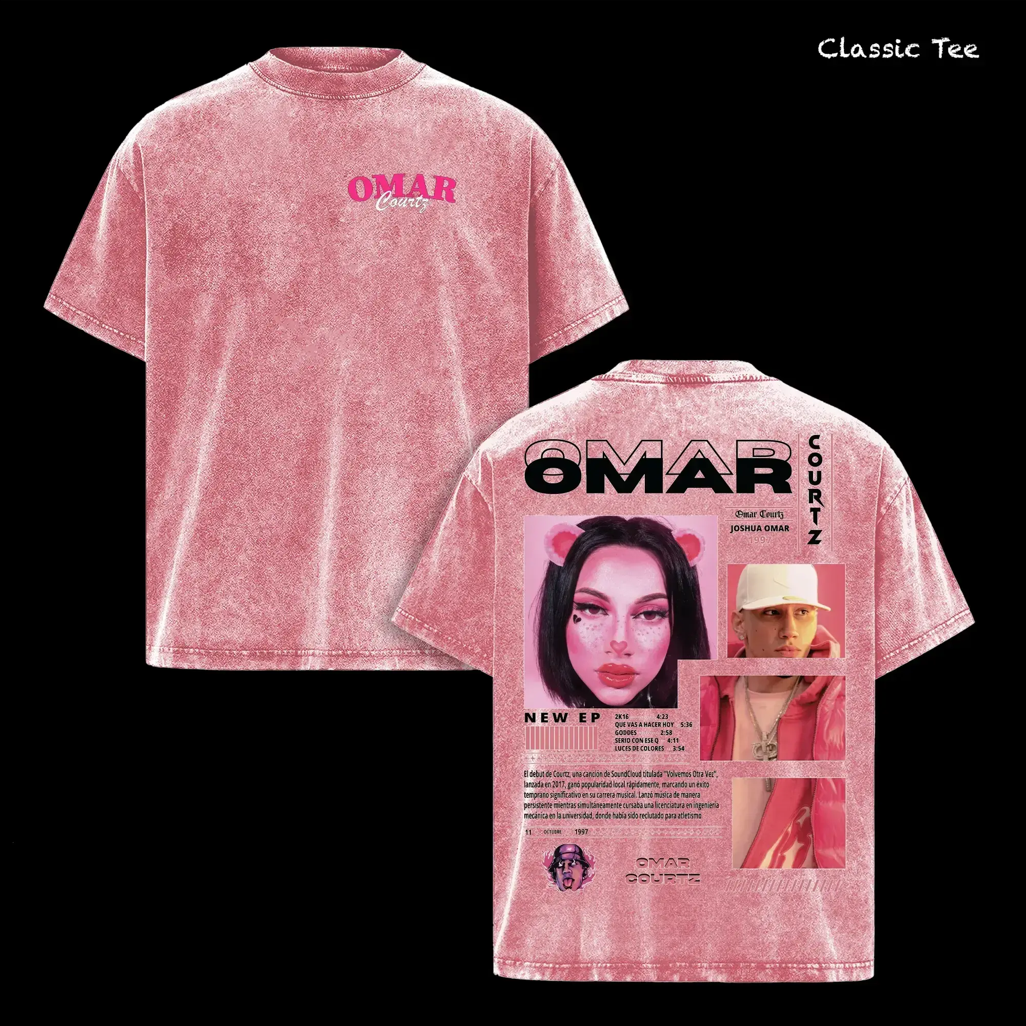Comfort Colors Omar Courtz Shirt – Omar Courtz Vintage Acid Washed Oversized Graphic T Shirt, Latin Trap Artist Streetwear Pink Aesthetic, Retro Collage Double Sided Print, Soft Heavyweight Cotton Unisex Tee, Music Merch Gift for Fans