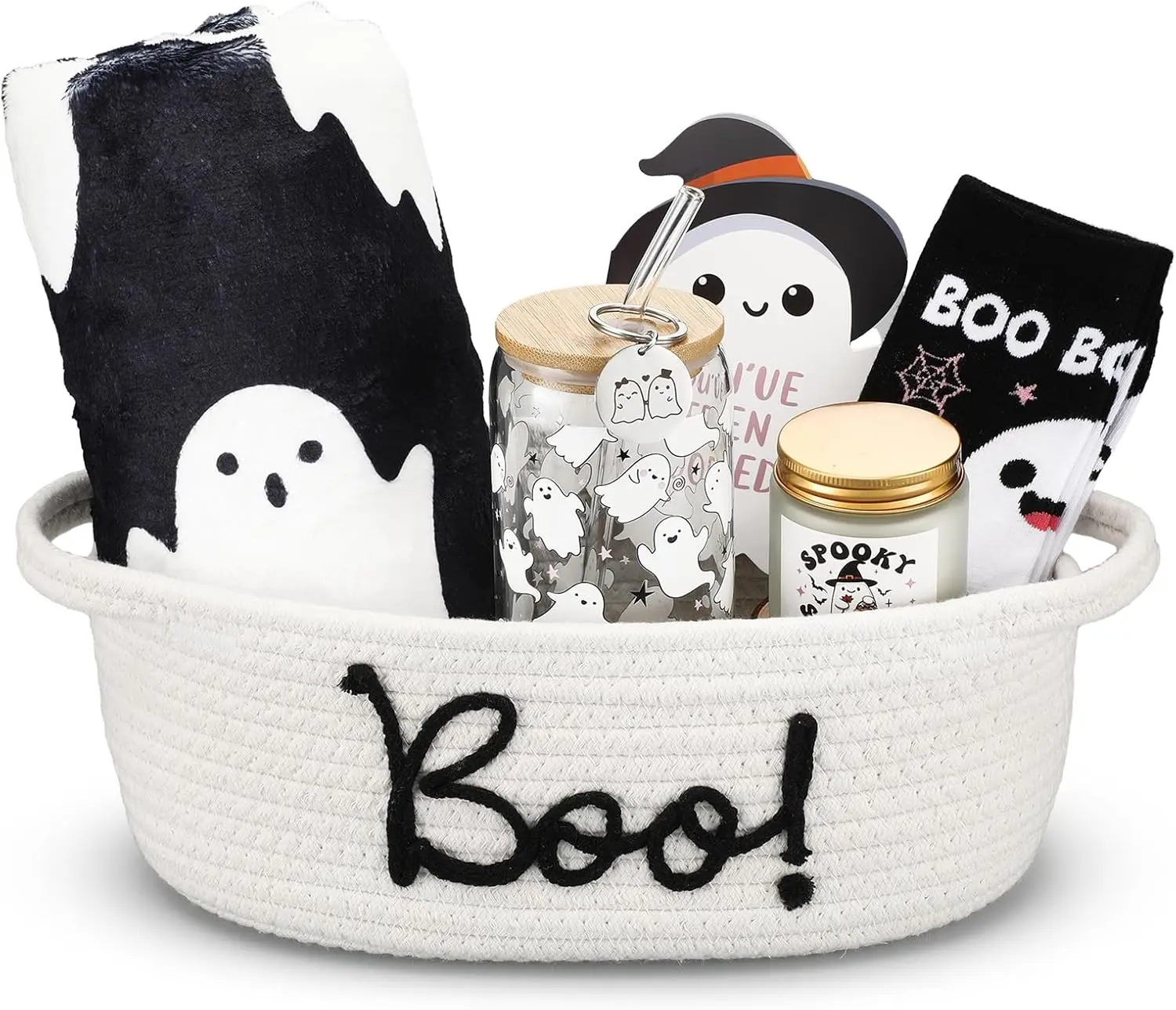 Halloween Fall Gift 7-Piece Boo Basket Stuffers for Women, Halloween Gift Set with 30" x 40" Ghost Flannel Blanket, Glass Tumbler, Scented Candle, Keychain, Novelty Socks & Woven Basket, Spooky Gift for Friends