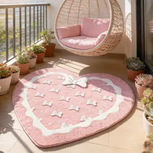 Creative Heart Bow Print Carpet, Foldable Easy Care Plush Rug, Romantic French Style for Living Room Bedroom Sofa Dining Area