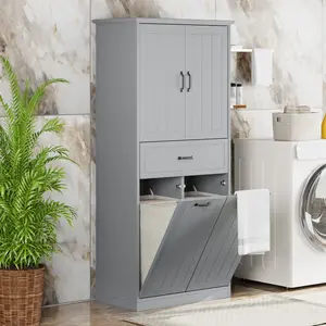 Bathroom Storage Cabinet with Two Laundry Baskets, Storage Cabinet with Doors and Drawer for Home, Grey