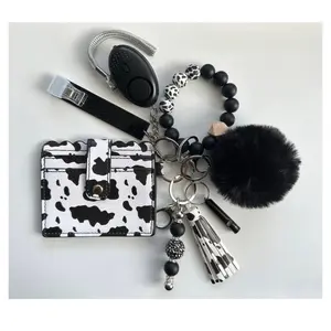 Western Cow Print Wallet Wristlet Pom Pom Accessories LED Light Alarm Bling Keychain