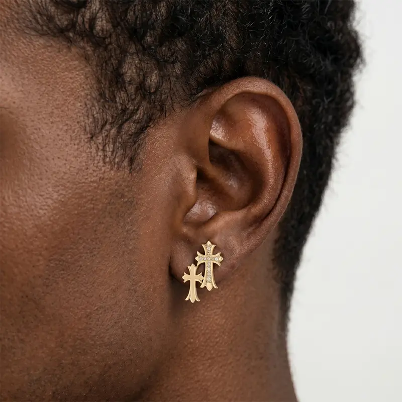 Unisex 14K Gold Plated Double-Layer Zircon Cross Drop Dangle Earrings Studs - Hypoallergenic Religious Daily Gold Jewelry for Adults, 3g Gift for Loved Ones