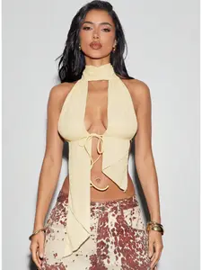 Sexy Halter Backless Top, Womenswear, Hollow Out Design, Irregular Hemline, Slimming Short Sleeve Shirt, Perfect for Casual Wear