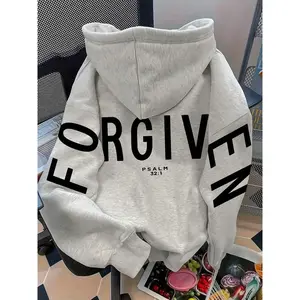 Trendy Unisex Hoodie, Oversized Loose Fit, "FORGIVEN" Graphic Print, Thickened Pullover for Daily Casual Wear