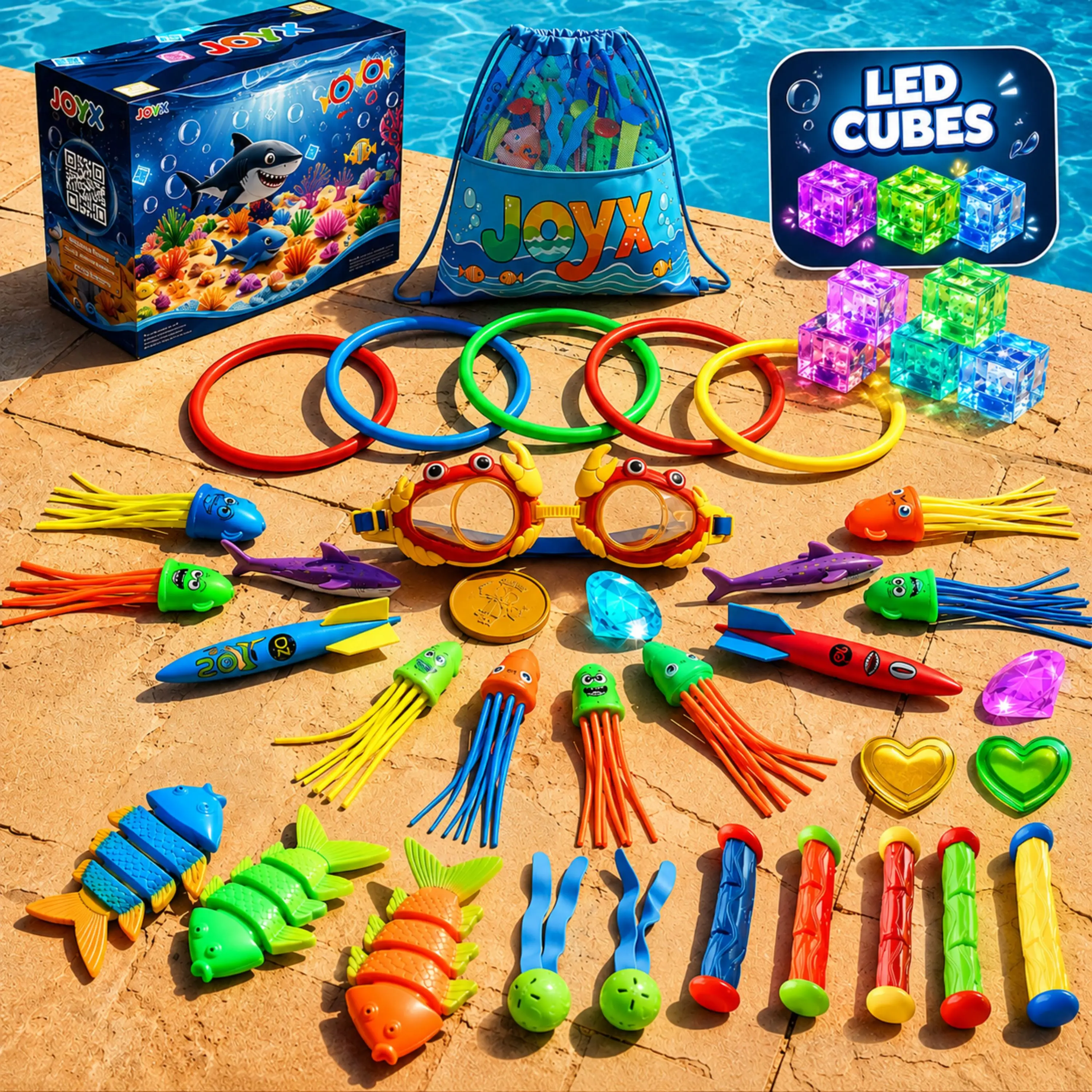 35 Pcs Pool Toys Set with LED Pool Light Cubes & Water Toys Swim Learning & Diving Skill Development for Kids outdoor indoor