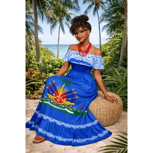 Women’s Haitian Flag Inspired Off-Shoulder Maxi Dress – Cultural Elegant Long Dress