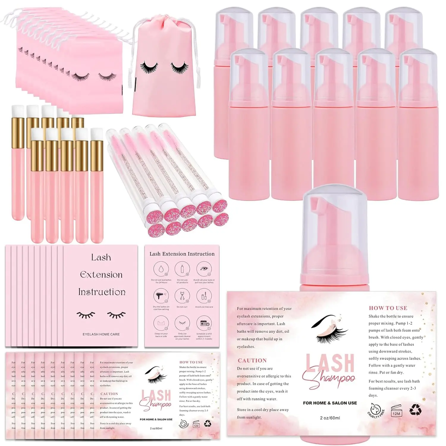 60PCS Lash Shampoo Bottles and Brushes Set for Lash Care (B-pink) | 10pcs Foam Pump Dispenser, Cleaning Brush, Eyelash Extension Tube Brush, Instruction Card, Bag, Stickers for Business Clients