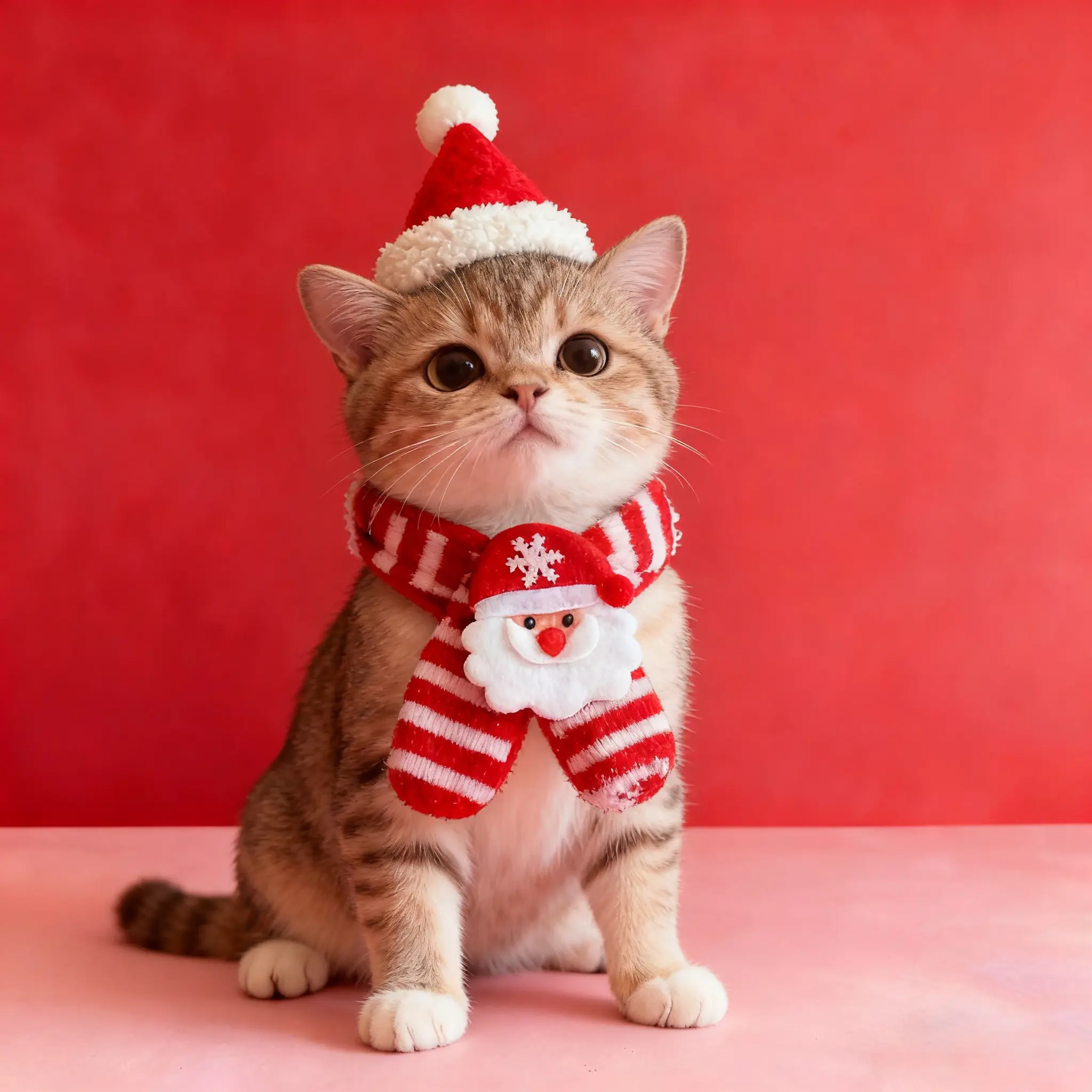 Thick pet Christmas scarf, cat neck warmer, red Santa hat, senior dog bib, large dog set