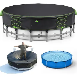 600D Upgraded 18ft Pool Cover Round for Above Ground Pool,  Resistant Heavy Duty Fabric with Windproof Ratchet Locking & Reflective Drawstring, Weatherproof UV Protection, Anti-Slip Straps