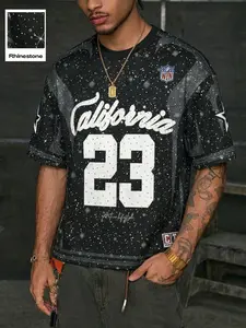 Streetwear Rhinestone Mesh California 23 Jersey | Y2K Hip Hop Graphic Tee | Oversized Cropped Football Jersey for Men | Sparkly Rhinestone Athletic Shirt | Trendy Street Style Night Out Outfit | Viral TikTok Fashion Sporty Top| Black Glitter Mesh Jersey
