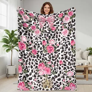 Pink Rose and Leopard Print Flannel Blanket Elegant Floral Bow Pattern Soft Cozy Warm Lightweight Decorative Throw Ideal for Bedroom Sofa Living Room Office Lounge Gift summerwins