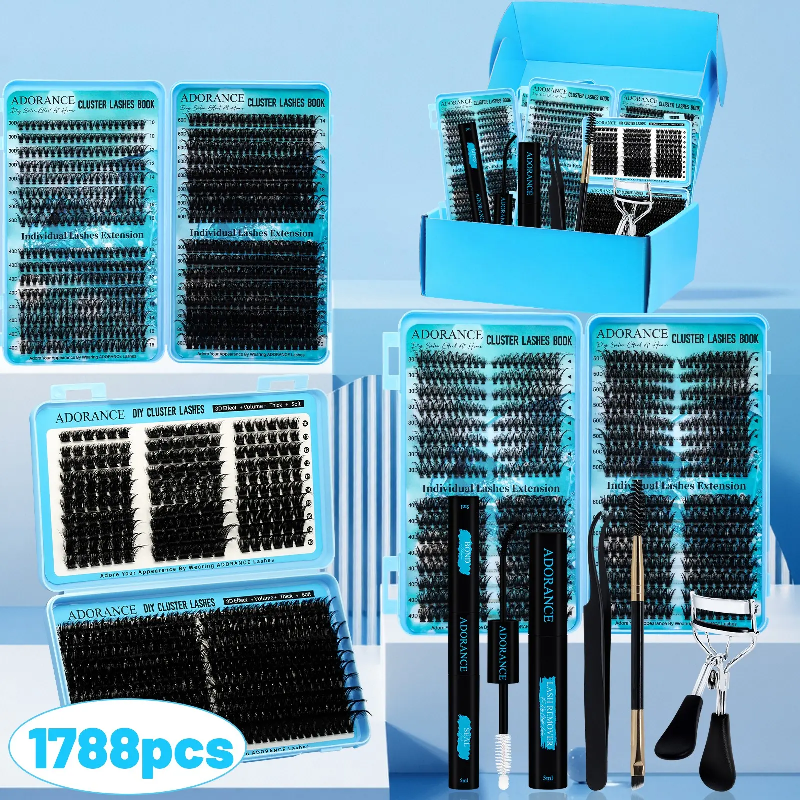 ADORANCE 1788PCS Cluster Lashes Book Kit, DIY Eyelash Clusters, Cosmetic, Makeup, D Curl Lash Extensions with Bond & Seal, Remover, Lash Curler, Tweezers & Brush Beginner-Friendly, Easy to Use, great for lash beginners, DIY Cluster Lash