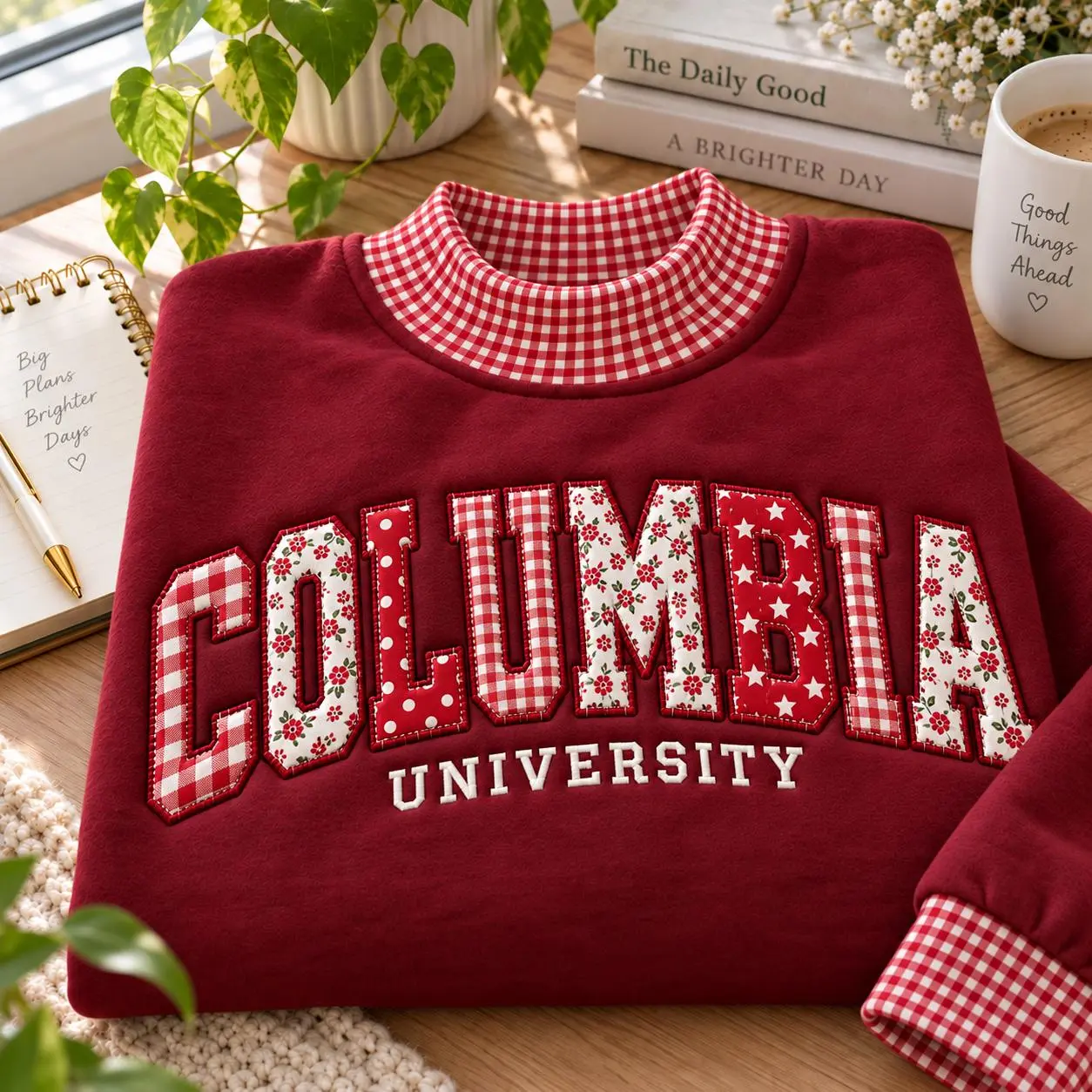 Embroidered Custom Name Varsity Applique Gingham Sweatshirt, Personalized College Caro Mock Neck, Preppy Pullover Hoodie,Patchwork Tee Gifts