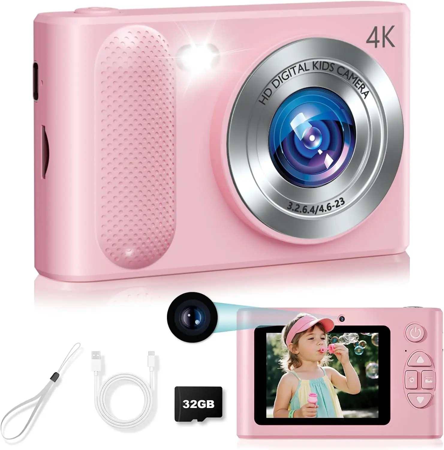 Kids Mini Digital Camera, Dual Lens Point and Shoot Camera with Fill Light, USB Wired Portable Camera with 32GB Memory Card, Compact Pink Camera for Kids, Birthday and Christmas Gift sale
