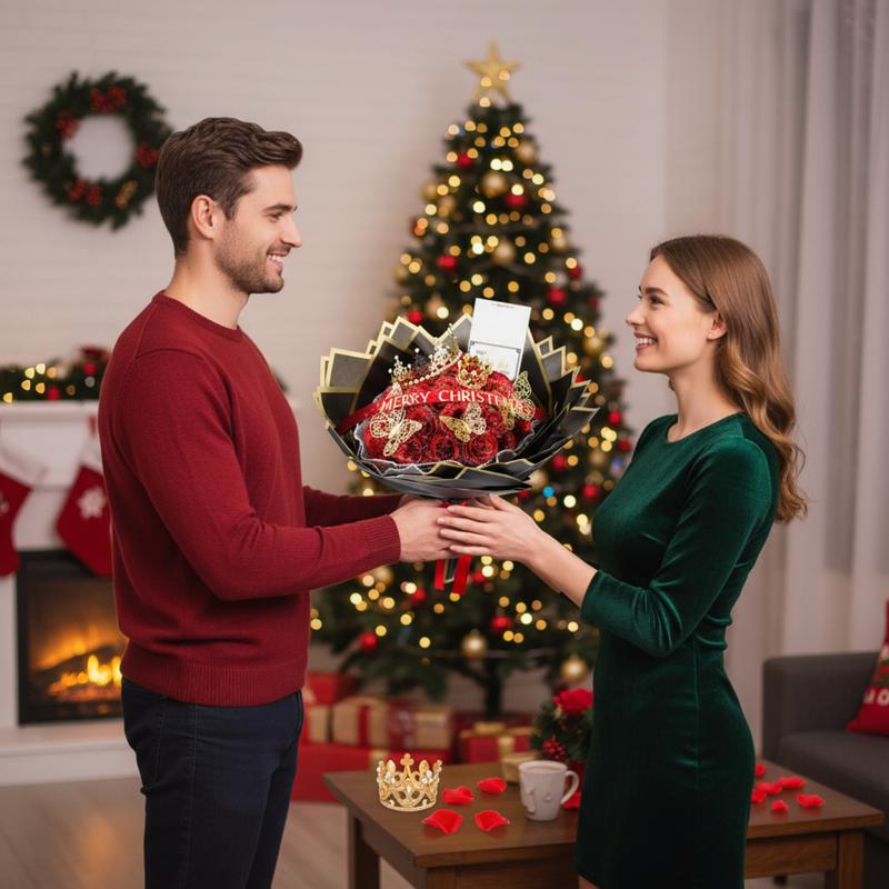 24/36 Pcs Valentine Gift Glitter Roses Bouquet Set DIY Fake Flowers Bouquet with 3D Butterflies Crowns Alphabet Stickers & Ribbons for Girlfriend Wife Mom Friend Women Gift Perfect for Valentine's Day Birthday Engagement Wedding Anniversaries Graduation