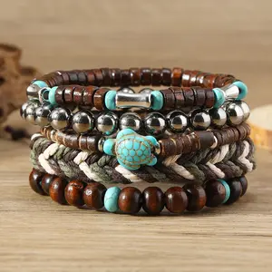 Bohemian Style Wooden Bead Bracelet Set - Handmade Woven Bracelet with Turtle Charms, Beads, and Accents - Perfect Gift for Men and Women, Casual Attire Bracelet | Bohemian Style Bracelet | Handcrafted Bracelet