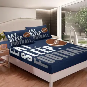 Feelyou Microfiber Bed Sheets - Football Rugby Themed Bedding Set, Blue Eat Sleep Design Twin Size Fitted Sheet, Ball Games Room Decor for Twin Beds