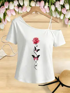 Women's Asymmetrical Strap T-Shirt, Floral & Butterfly Print, Casual Short Sleeve Top, Fashionable & Non-See-Through