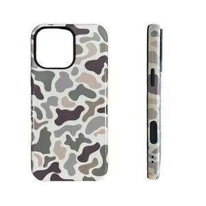 Vintage Camo Pattern 2-in-1 Shockproof Phone Case for iPhone 17/16/15/14/13/12/11 Pro Max/Plus & Samsung S23 S24 S25 S26 Ultra/Plus, Dual Layer Soft TPU + Hard PC Protective Cover