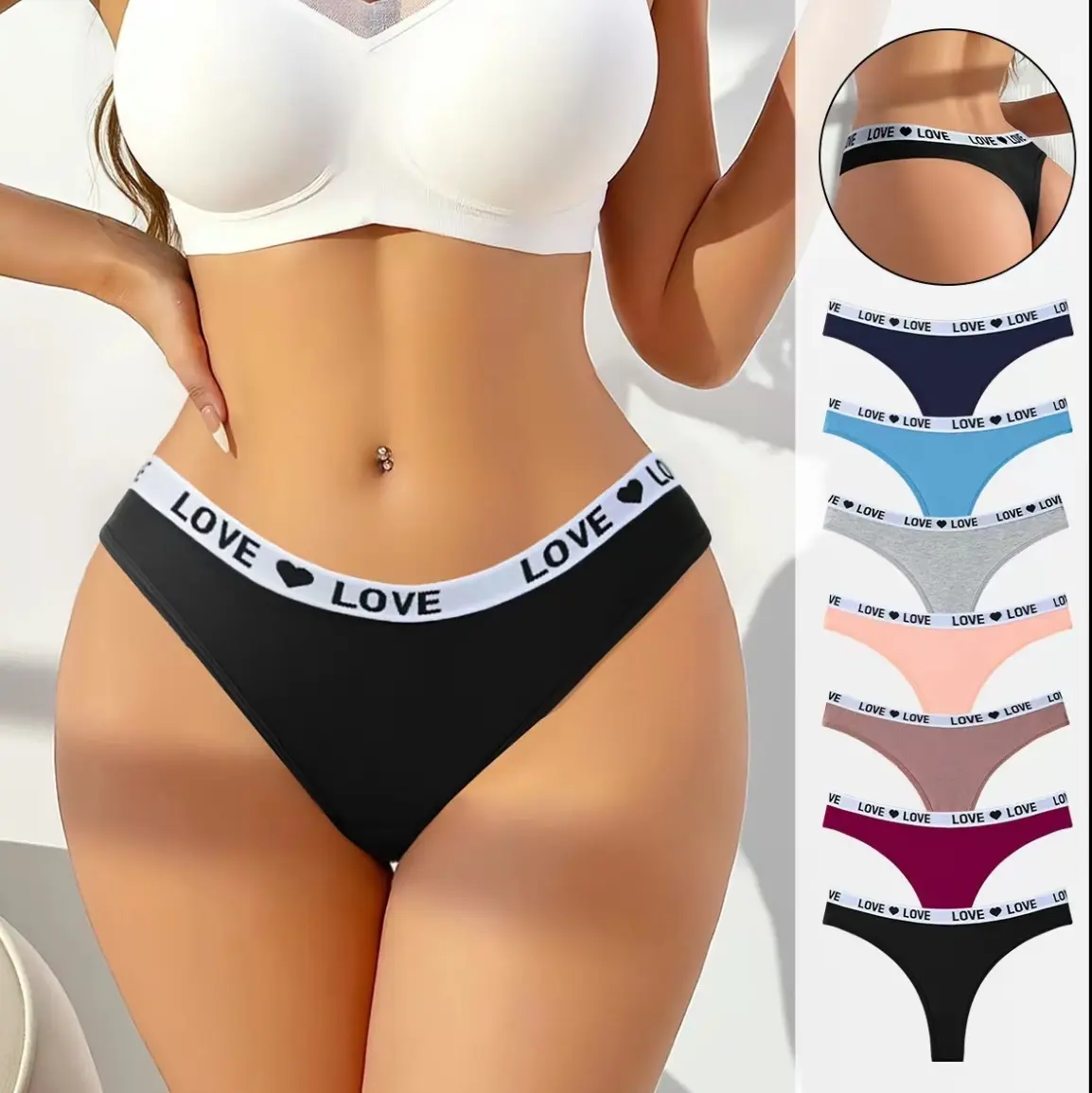 Women's Payina 7-Pack Breathable Cotton Low-Rise Thongs - Lady's Comfortable, Sexy Athletic Panties with Plain Letter Tape for Everyday Wear - Soft, Relaxing for Women's Love of Casual Use