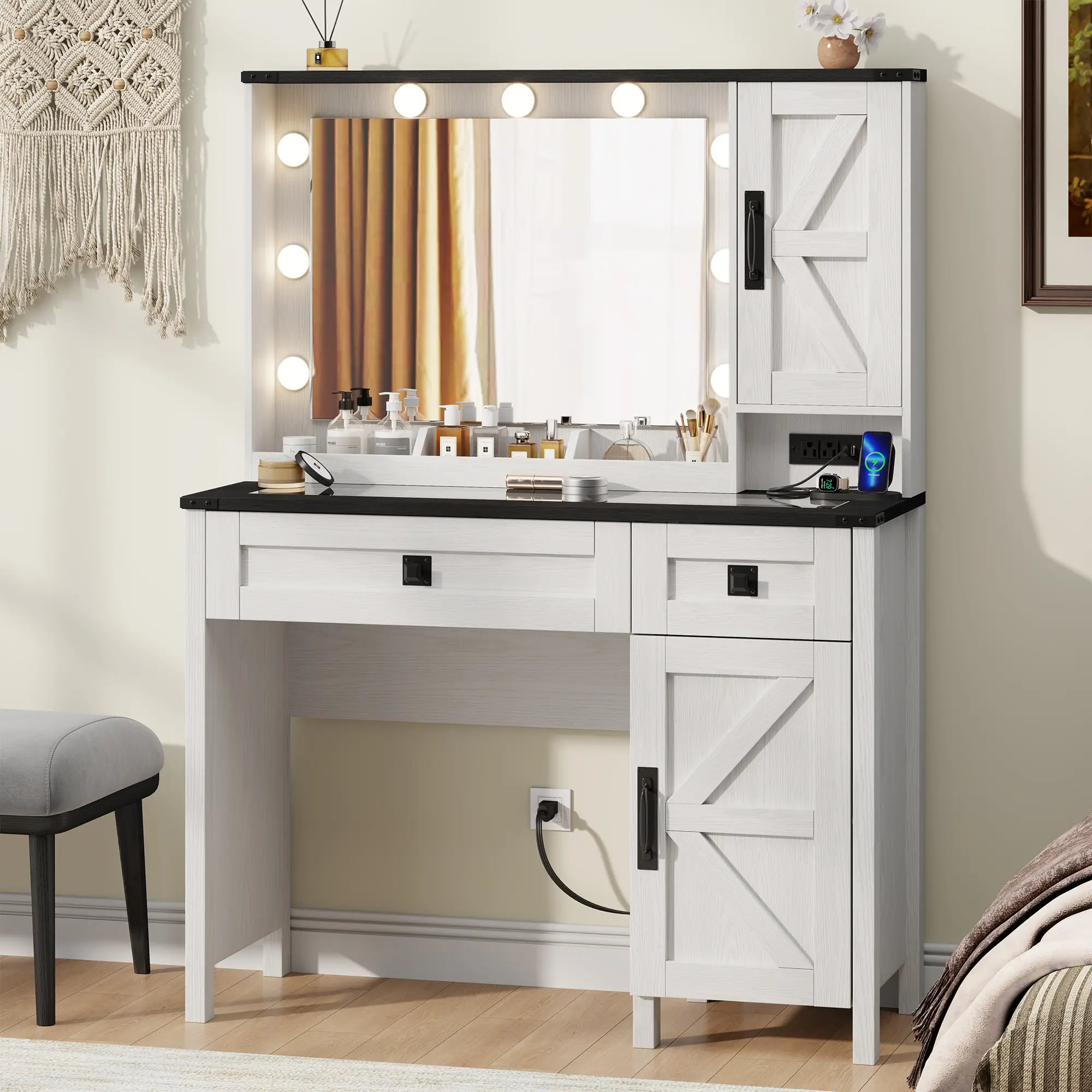 【FallDealsForYou】AOWOS Farmhouse Vanity, Makeup Vanity Desk with HD Mirror and Light, with Drawers & Adjustable Cabinets, Glass Top Vanity with Chargi
