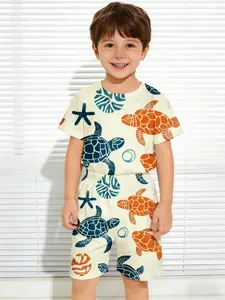 Boy's short sleeve + shorts set Turtle Starfish Seashell Ocean Waves Shell Pattern Print leisure sports fashion trend print spring and summer 2-piece set suitable for sports, choose printed outfits