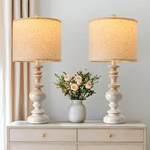 24" Farmhouse Resin Table Lamp Set of 2, Vintage Lamps for Living Room Bedroom with Linen Shades, Traditional Rustic Bedside Lamps Retro Table Lamps for Living Room, Bedroom, Office