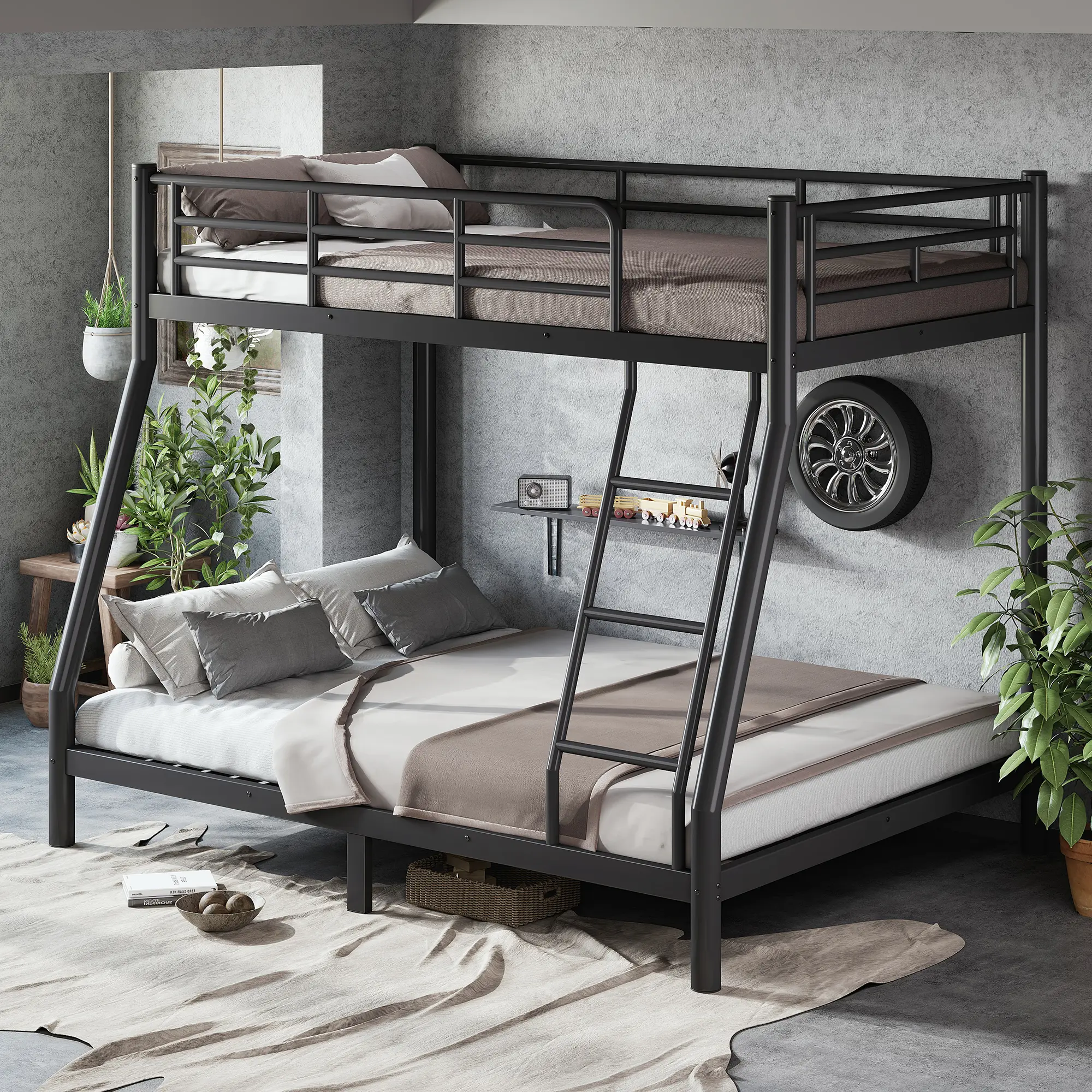 Twin over Full Size Metal Bunk Bed with Round Tube Frame, Space-Saving Bunkie Bed for Teens Adults, Noise-Reduced No Box Spring Needed, Sturdy Black Bed Frame with Guardrails