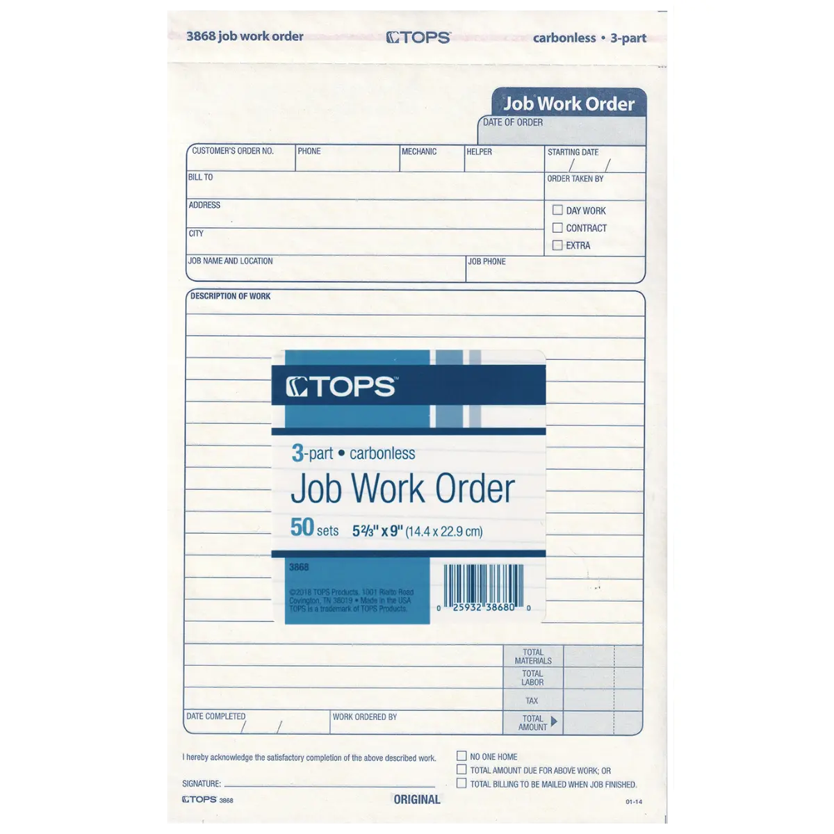 Tops Business Forms Job Work Order, 5-1/2 in x 8-1/2 in 50/PK TOP3868