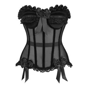 Top Drawer Steel Boned Black Mesh & Velvet Underwire Bustier Corset