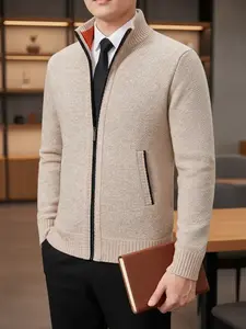 Men's Knitted Cardigan Sweater Jacket, Fall Winter Casual Stand Collar Fleece Lined Coat, Warm Zipper Pullover Knit Pullover Top Outerwear for Office Daily Wear,Dad Gifts
