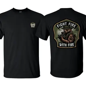 Fight Fire with Fire Side Action Tee, Patriotic Military Graphic Tee, Perfect Gift for Veterans and Soldiers, Unisex Cotton Short Sleeve Shirt for Daily Wear, Outdoor Activities & Casual Street Style