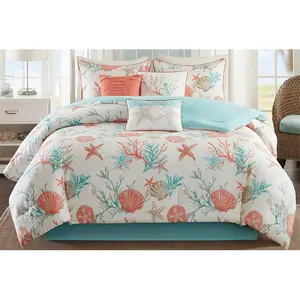 212 MAIN 7-Piece Cotton Sateen Printed Comforter Set - Queen Size Bed, Coral, Bed Skirt Set, Coastal Decor, Pebble Beach Themed Reptile & Amphibian Bedding Decoration
