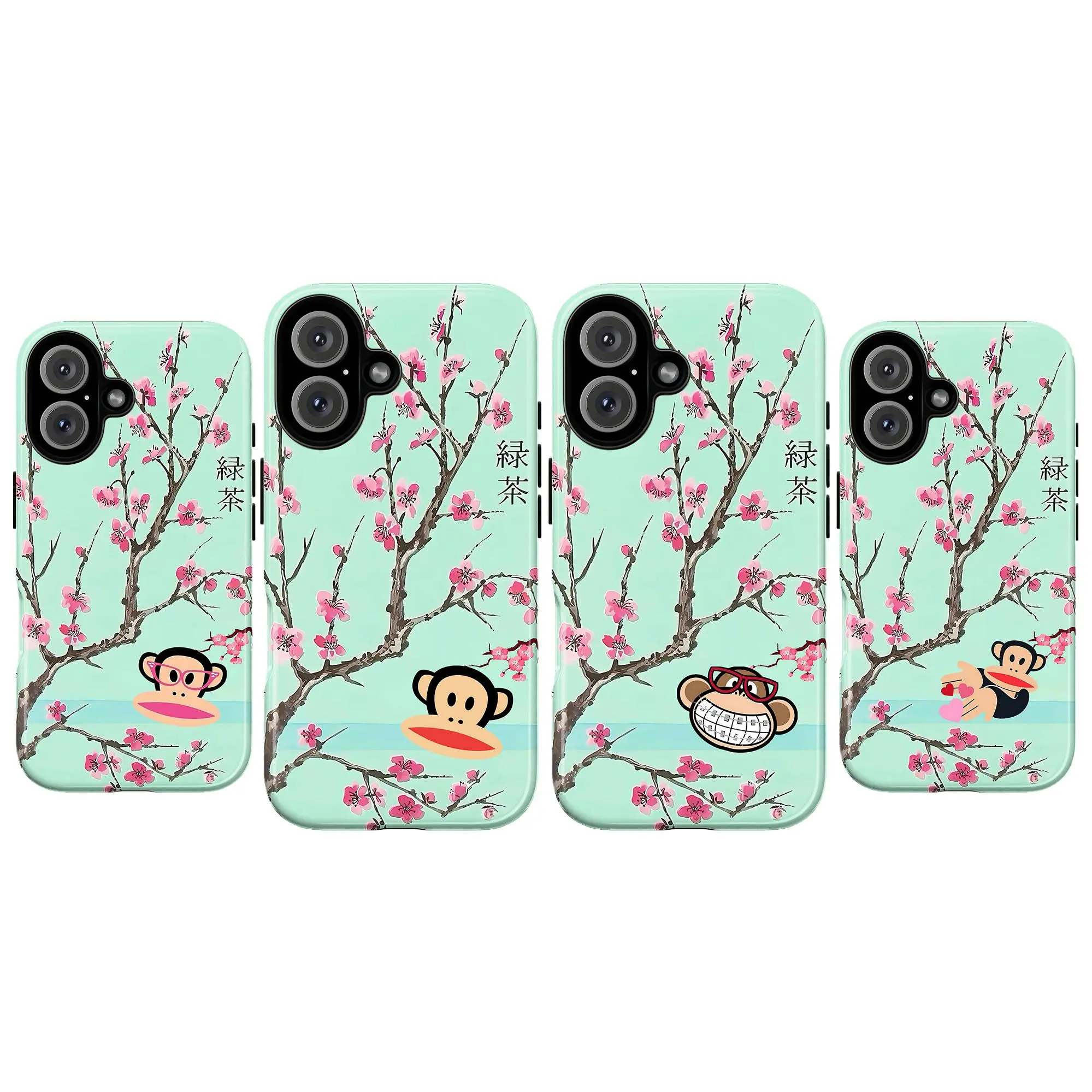 Kawaii Monkey Sakura Phone Case – Japanese Cherry Blossom Aesthetic, Cute Animal Nature Design with Pastel Green Tea Vibes, Soft Spring Cottagecore Style Cover for iPhone 17 16 15 14 13 12 11 X XR XS 8 7 & Samsung S21–S26, Gift for Him & Her