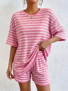 Women's Casual Striped Set, Summer Short Sleeve & Shorts, Home Wear, Athletic Sporty Style, Above the Knee, Loose-Fitting