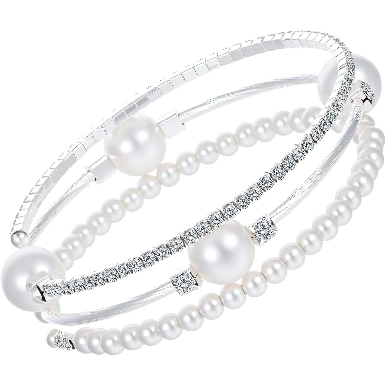 Pearl Bracelets for Women Silver Stretch Bracelets for Women Stackable,Three Layer Bracelet with Pearls and Rhinestones Exquisite Jewelry Decoration