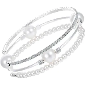 Pearl Bracelets for Women Silver Stretch Bracelets for Women Stackable,Three Layer Bracelet with Pearls and Rhinestones Exquisite Jewelry Decoration